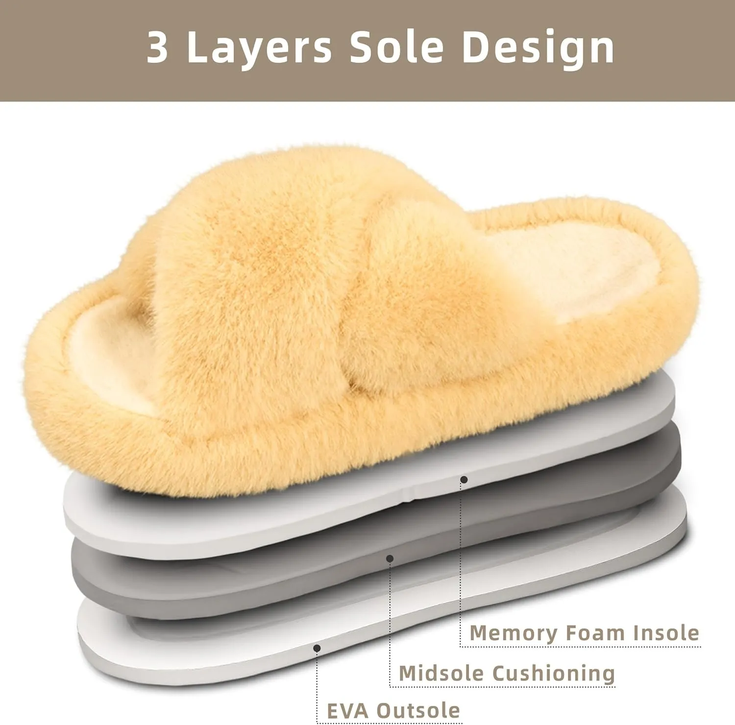 Women's Fuzzy Slippers Open Toe House Slippers Memery Foam Bedroom Slippers Cross Band Slippers for Indoor and Outdoor