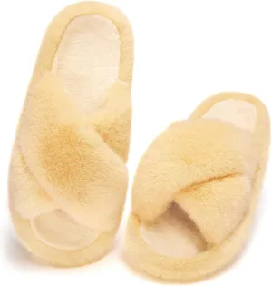 Women's Fuzzy Slippers Open Toe House Slippers Memery Foam Bedroom Slippers Cross Band Slippers for Indoor and Outdoor