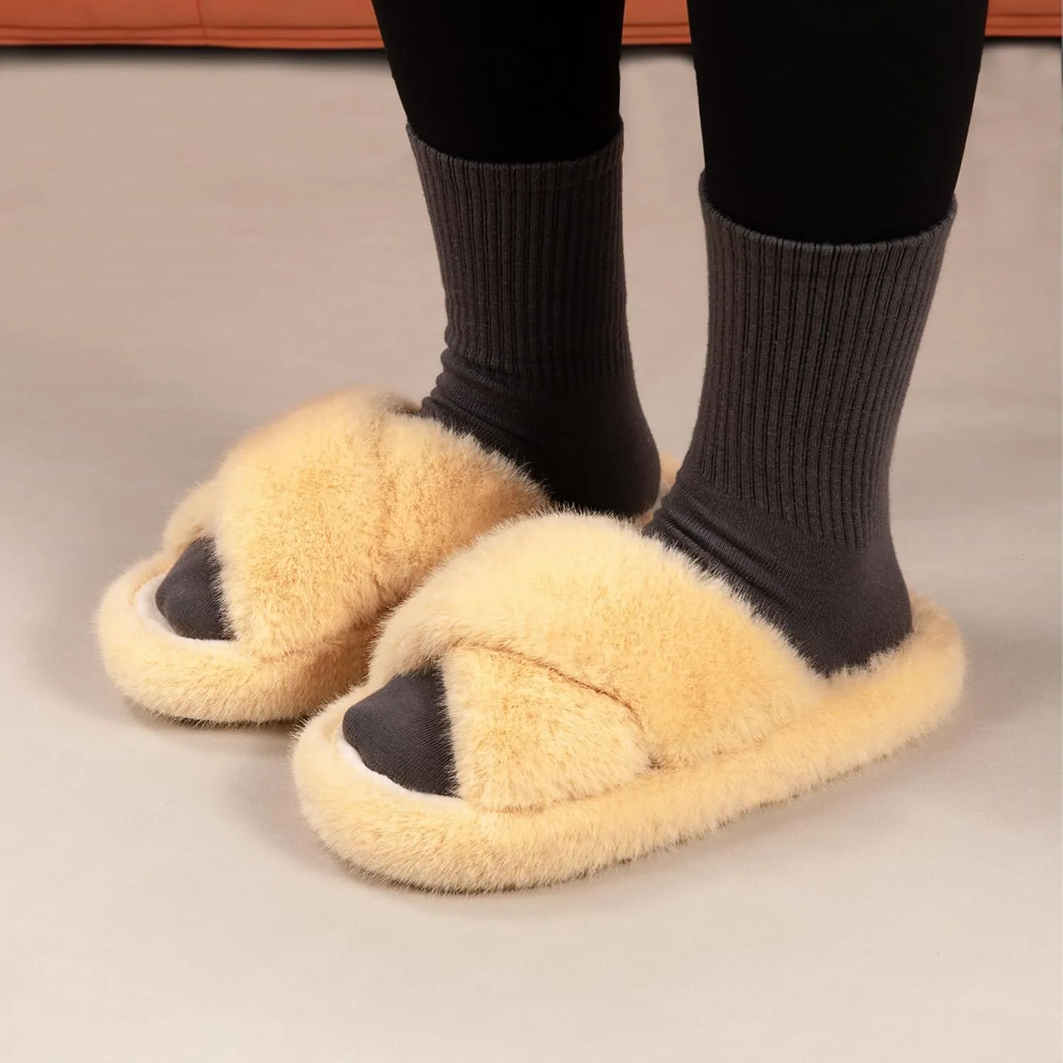 Women's Fuzzy Slippers Open Toe House Slippers Memery Foam Bedroom Slippers Cross Band Slippers for Indoor and Outdoor
