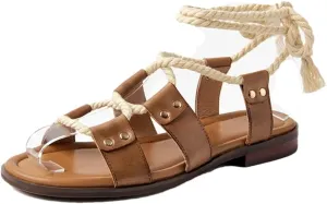 Womens Lace-Up Ankle Strap Flat Heel Open Side Vamp Basic Sandals Cow Leather Rope Casual Summer Sandals
