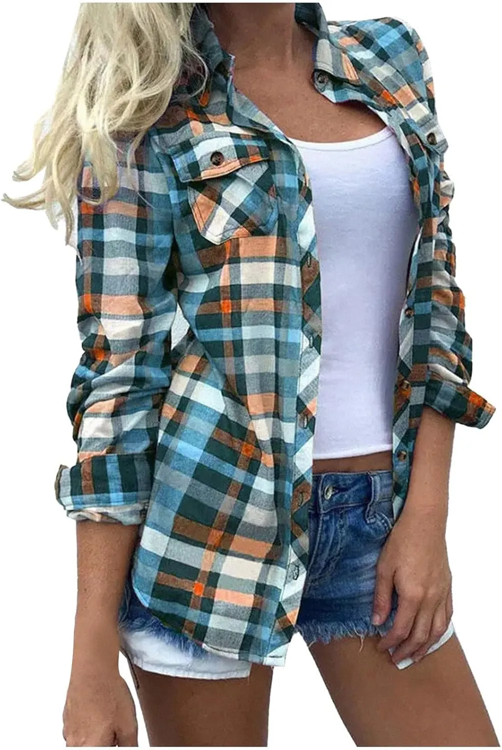 Womens Long Sleeve Going Out Shacket Jacket Checkered Button Down T-Shirt Flannel Causal Soft 2024 Spring Tops