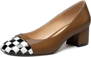 Women's Low Block Chunky Heel Pumps Cap Toe Checkered Pumps Slip on 2 Inch Square Toe Shoes for Pary Dress Work Office Workplace