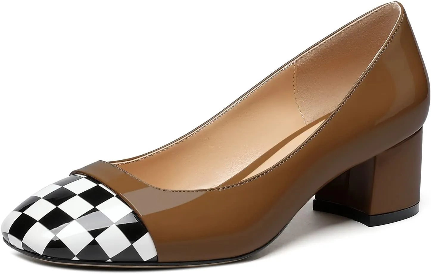Women's Low Block Chunky Heel Pumps Cap Toe Checkered Pumps Slip on 2 Inch Square Toe Shoes for Pary Dress Work Office Workplace