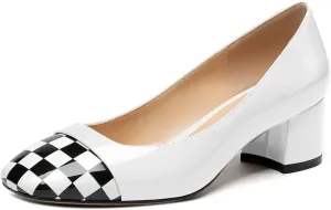 Women's Low Block Chunky Heel Pumps Cap Toe Checkered Pumps Slip on 2 Inch Square Toe Shoes for Pary Dress Work Office Workplace