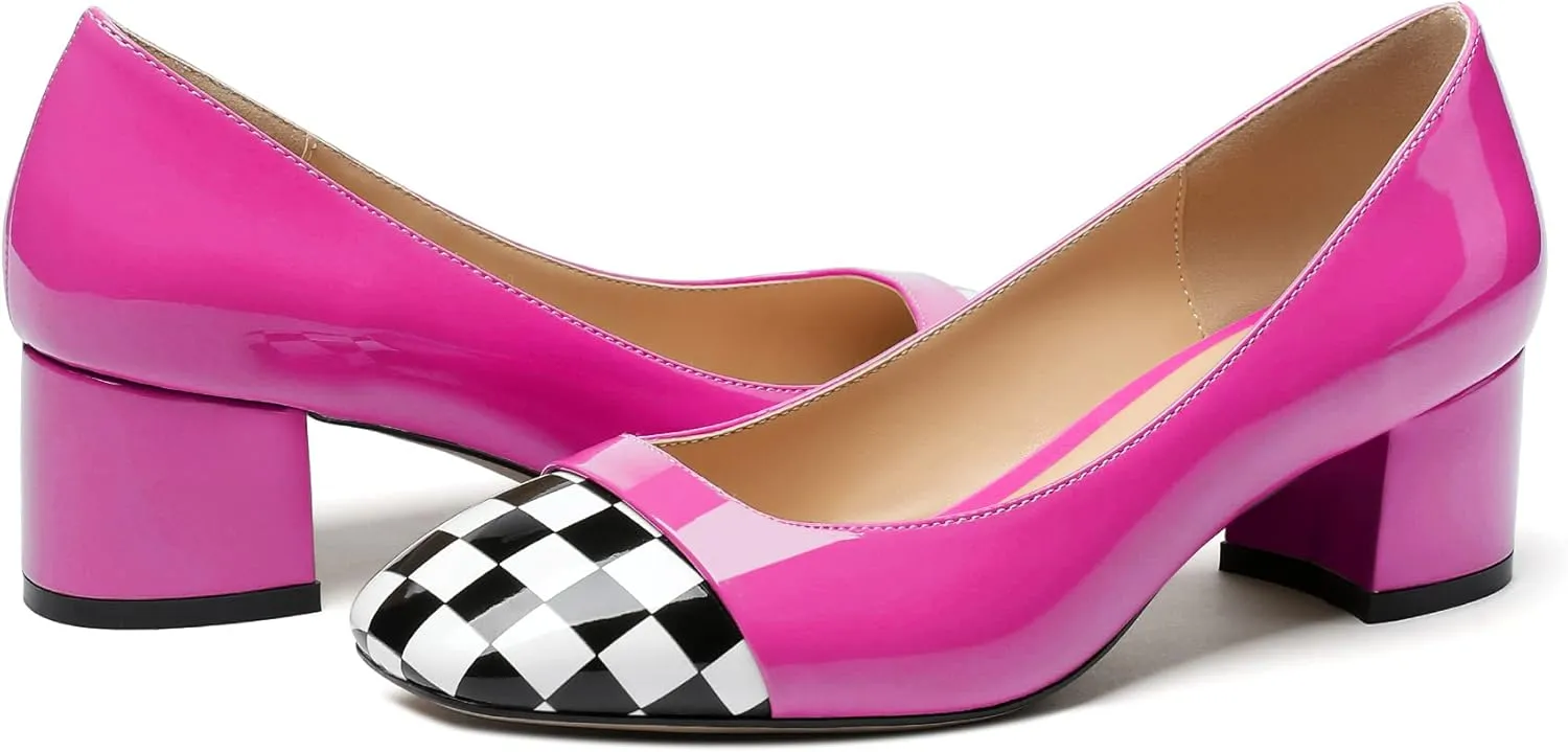 Women's Low Block Chunky Heel Pumps Cap Toe Checkered Pumps Slip on 2 Inch Square Toe Shoes for Pary Dress Work Office Workplace