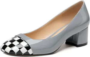 Women's Low Block Chunky Heel Pumps Cap Toe Checkered Pumps Slip on 2 Inch Square Toe Shoes for Pary Dress Work Office Workplace