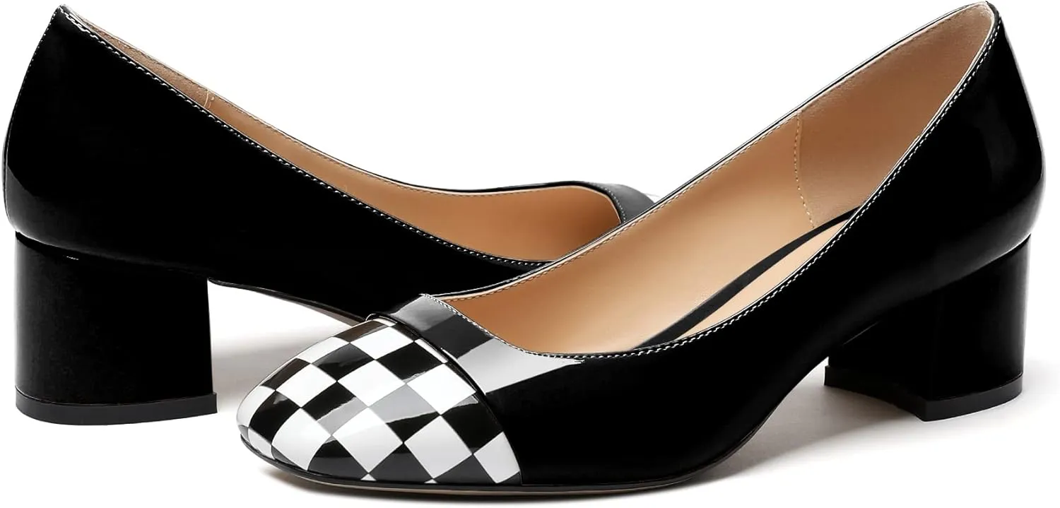 Women's Low Block Chunky Heel Pumps Cap Toe Checkered Pumps Slip on 2 Inch Square Toe Shoes for Pary Dress Work Office Workplace
