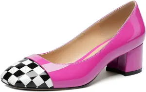 Women's Low Block Chunky Heel Pumps Cap Toe Checkered Pumps Slip on 2 Inch Square Toe Shoes for Pary Dress Work Office Workplace