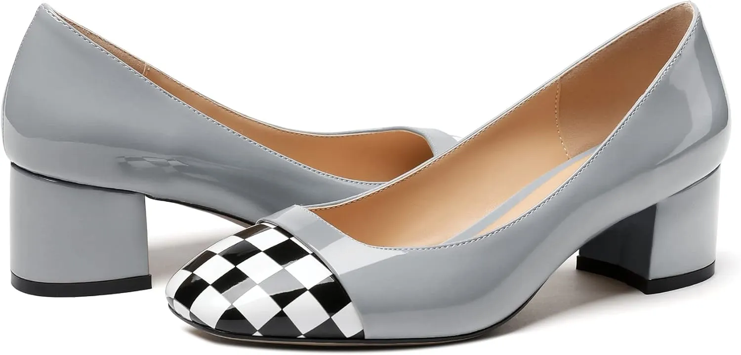 Women's Low Block Chunky Heel Pumps Cap Toe Checkered Pumps Slip on 2 Inch Square Toe Shoes for Pary Dress Work Office Workplace