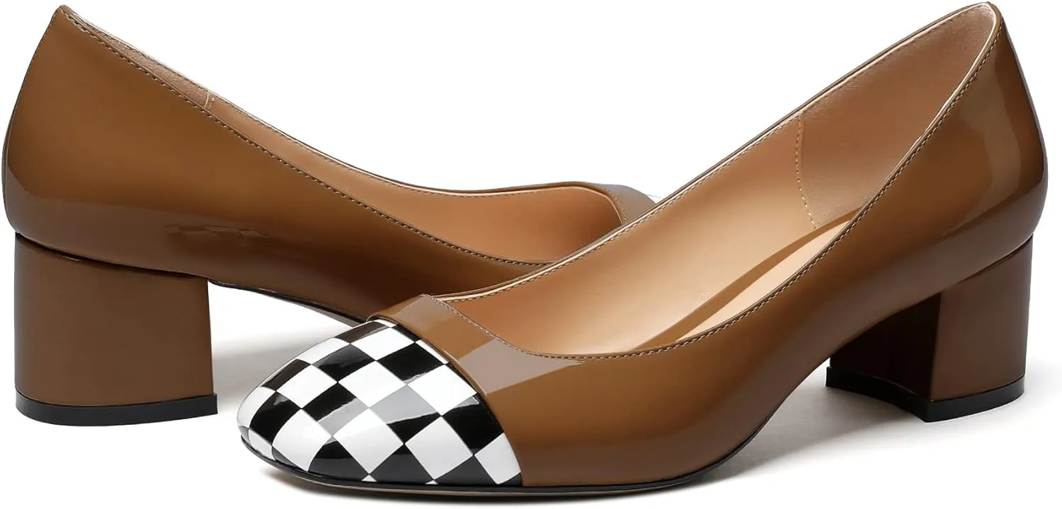 Women's Low Block Chunky Heel Pumps Cap Toe Checkered Pumps Slip on 2 Inch Square Toe Shoes for Pary Dress Work Office Workplace