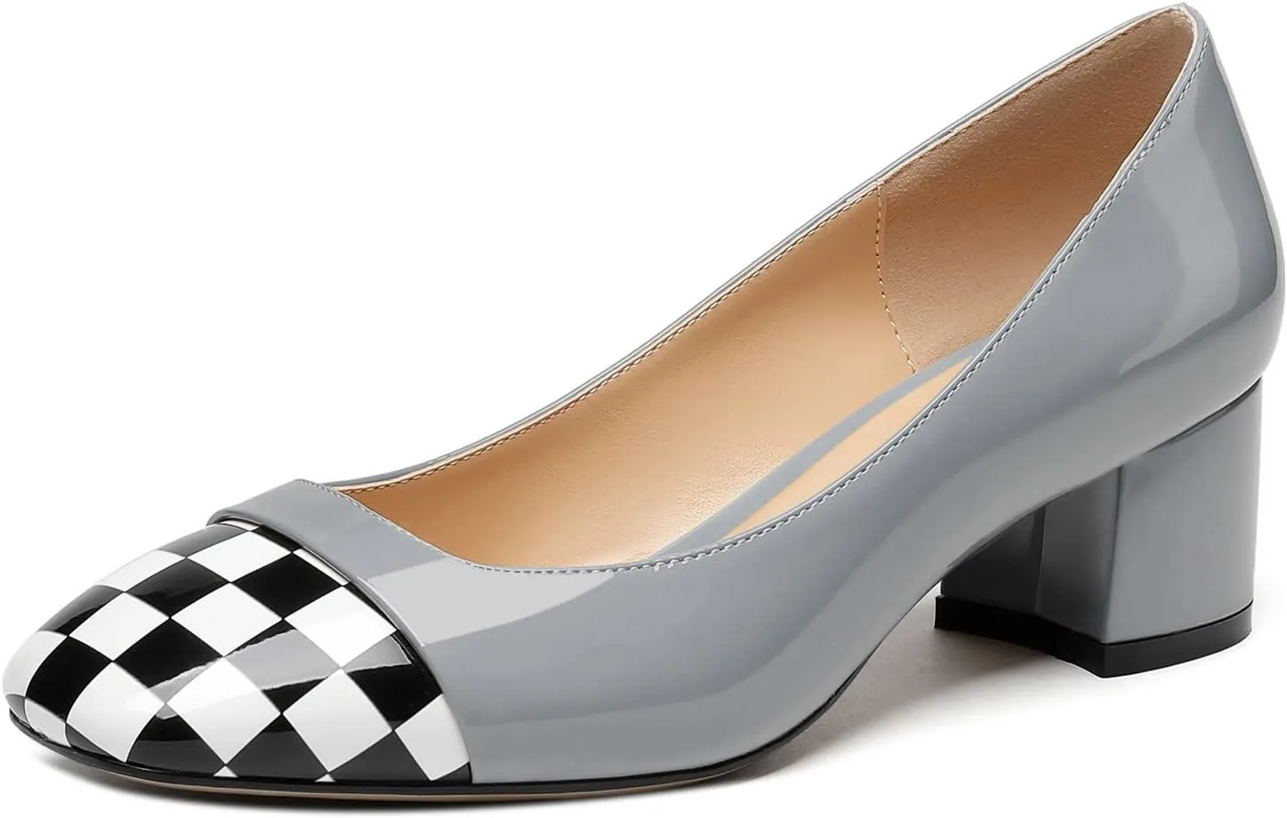 Women's Low Block Chunky Heel Pumps Cap Toe Checkered Pumps Slip on 2 Inch Square Toe Shoes for Pary Dress Work Office Workplace