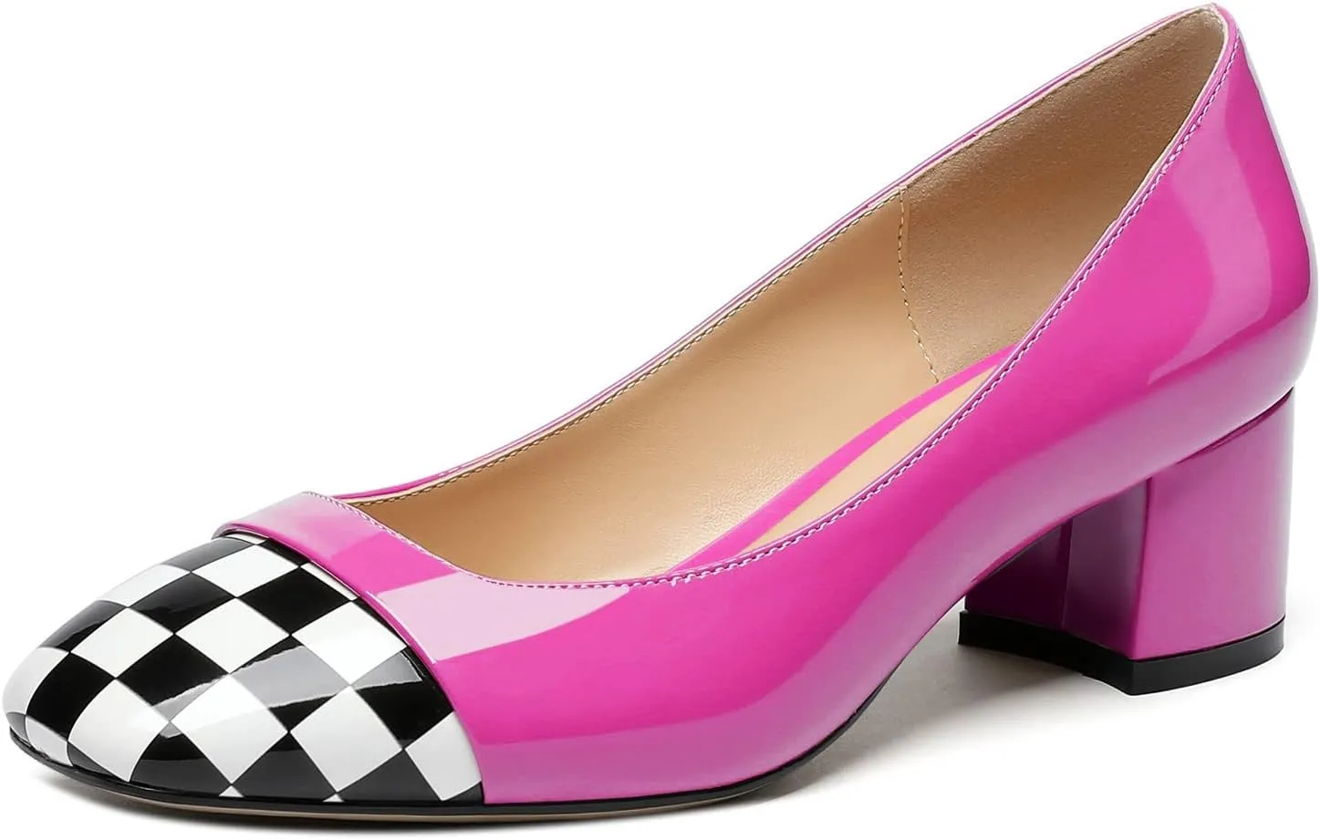 Women's Low Block Chunky Heel Pumps Cap Toe Checkered Pumps Slip on 2 Inch Square Toe Shoes for Pary Dress Work Office Workplace