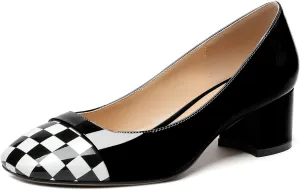 Women's Low Block Chunky Heel Pumps Cap Toe Checkered Pumps Slip on 2 Inch Square Toe Shoes for Pary Dress Work Office Workplace