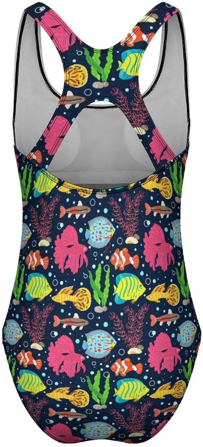 Womens One Piece Swimsuits Cartoon Shark Checkered Tummy Control Bathing Suits Wireless Racerback Padded Swimwear