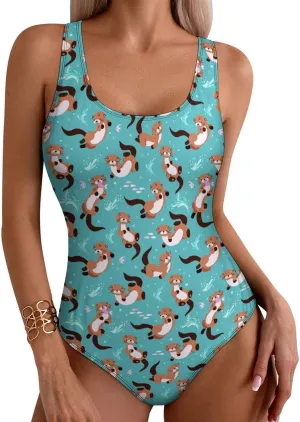 Womens One Piece Swimsuits Cartoon Shark Checkered Tummy Control Bathing Suits Wireless Racerback Padded Swimwear