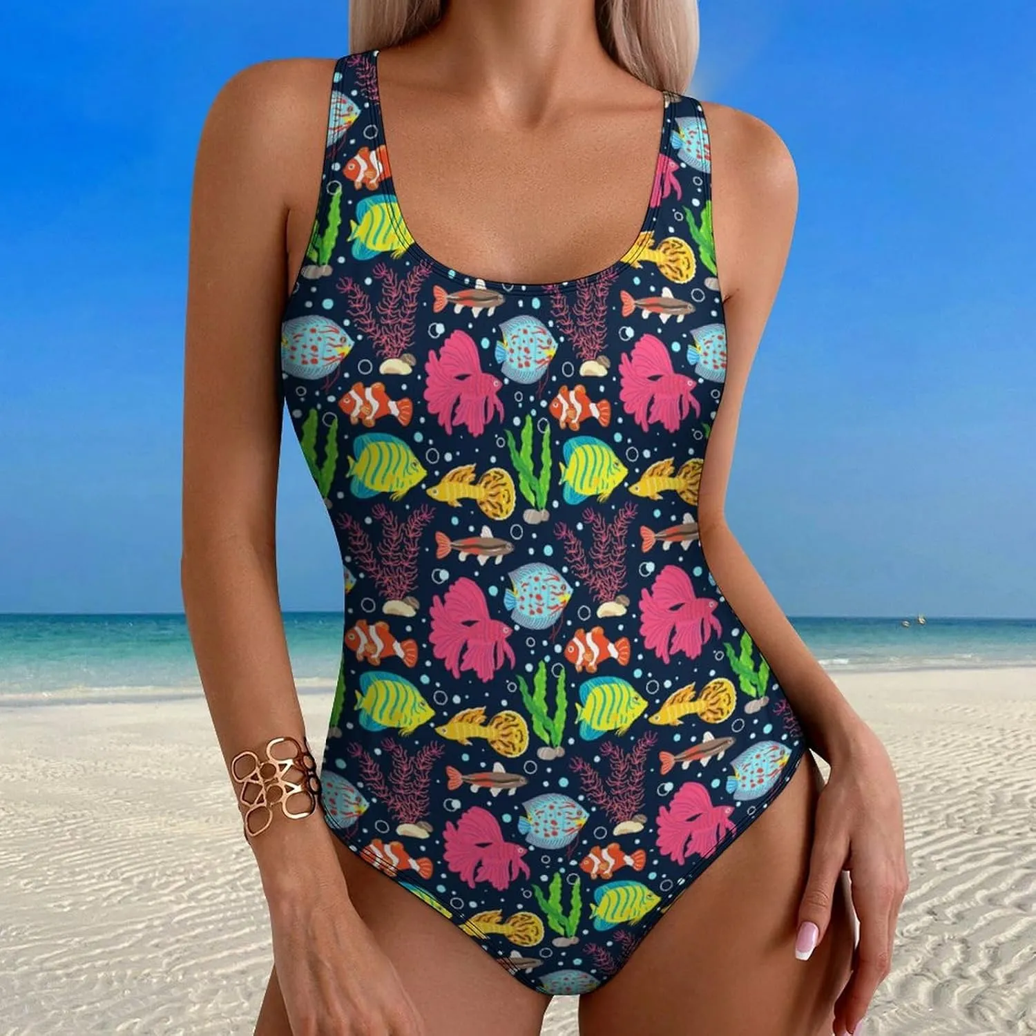 Womens One Piece Swimsuits Cartoon Shark Checkered Tummy Control Bathing Suits Wireless Racerback Padded Swimwear