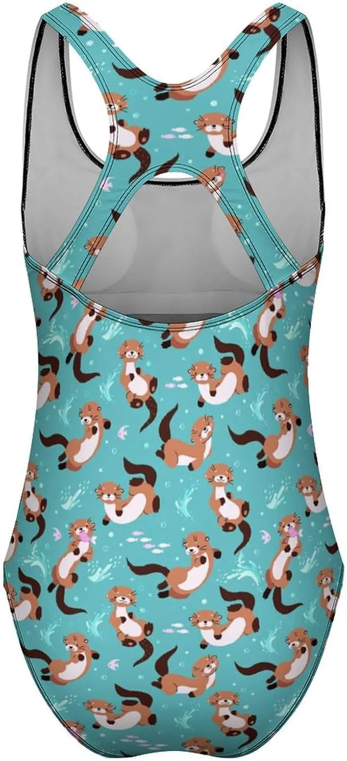 Womens One Piece Swimsuits Cartoon Shark Checkered Tummy Control Bathing Suits Wireless Racerback Padded Swimwear