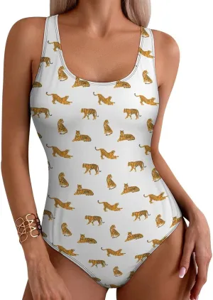 Womens One Piece Swimsuits Cartoon Shark Checkered Tummy Control Bathing Suits Wireless Racerback Padded Swimwear