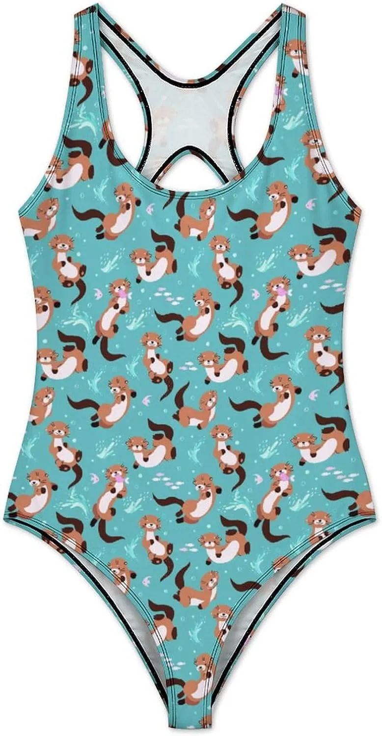 Womens One Piece Swimsuits Cartoon Shark Checkered Tummy Control Bathing Suits Wireless Racerback Padded Swimwear