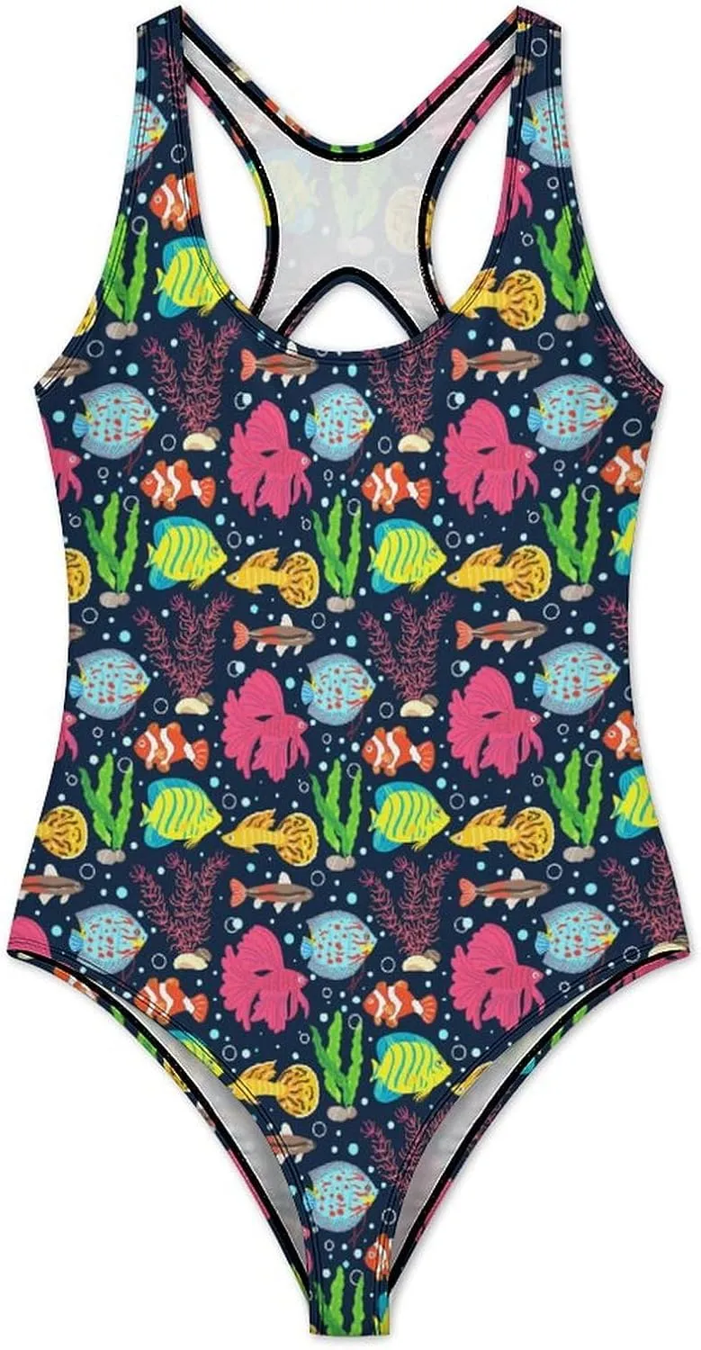 Womens One Piece Swimsuits Cartoon Shark Checkered Tummy Control Bathing Suits Wireless Racerback Padded Swimwear