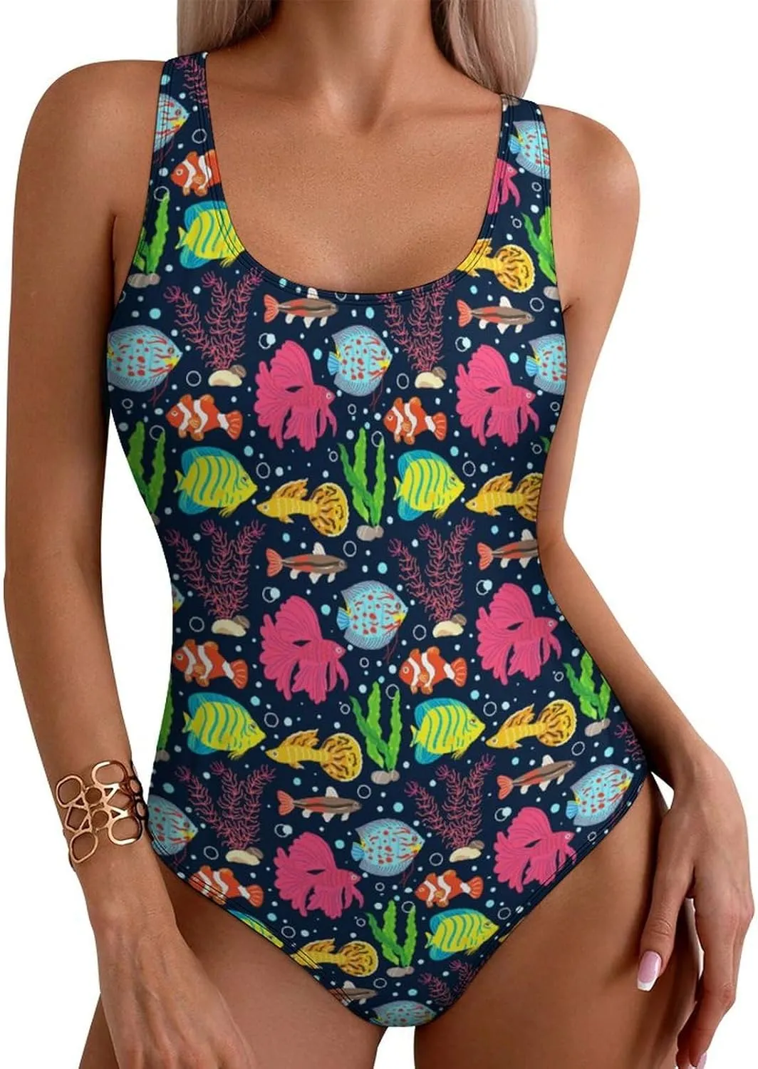 Womens One Piece Swimsuits Cartoon Shark Checkered Tummy Control Bathing Suits Wireless Racerback Padded Swimwear