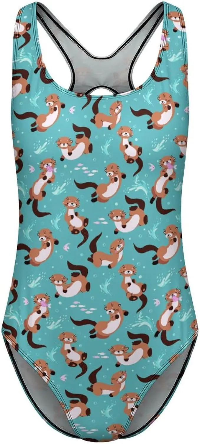 Womens One Piece Swimsuits Cartoon Shark Checkered Tummy Control Bathing Suits Wireless Racerback Padded Swimwear