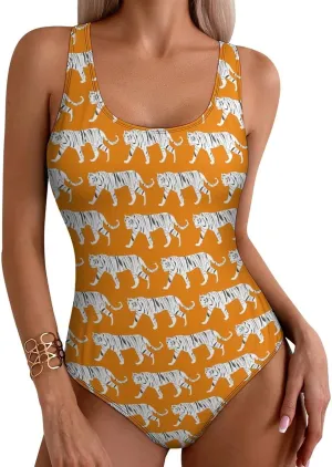 Womens One Piece Swimsuits Cute Duck Checkered Tummy Control Bathing Suits Wireless Racerback Padded Swimwear