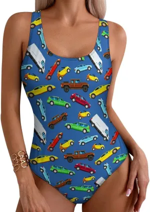 Womens One Piece Swimsuits Cute Tiger Checkered Tummy Control Bathing Suits Wireless Racerback Padded Swimwear