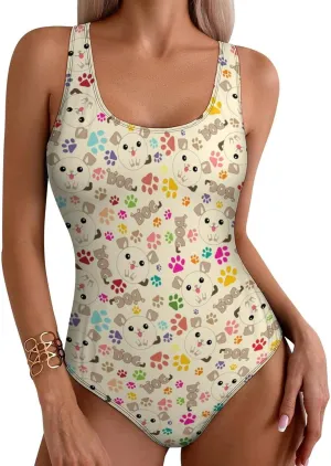 Womens One Piece Swimsuits Cute Tiger Checkered Tummy Control Bathing Suits Wireless Racerback Padded Swimwear