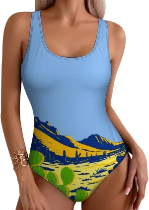 Womens One Piece Swimsuits Llama Cute Alpaca Checkered Tummy Control Bathing Suits Wireless Racerback Padded Swimwear