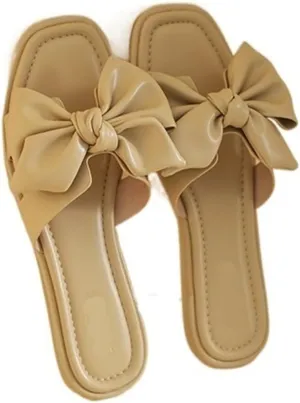 Women's Open Toed Bow Decoration Flat Slippers Summer Casual Vacation Sandals Sizes 5-11(A Milk Tea Color,7)
