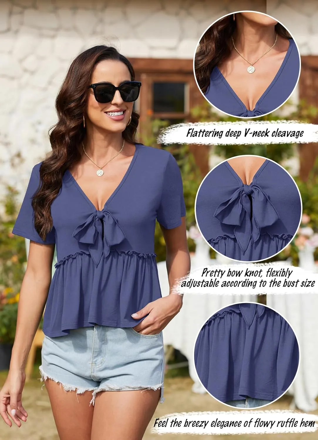 Womens Sexy V Neck Tops Summer Cute Ruffle Shirts Cutout Tie Bow Blouse Short Sleeve Crop Tops