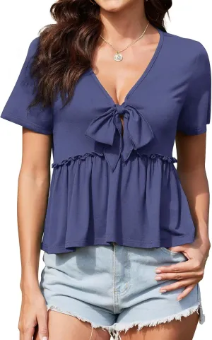 Womens Sexy V Neck Tops Summer Cute Ruffle Shirts Cutout Tie Bow Blouse Short Sleeve Crop Tops