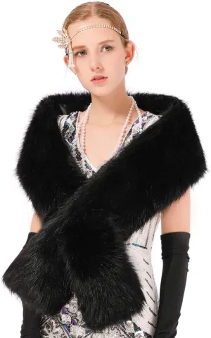 Womens Winter Long Faux Fur Scarf Collar Shawl Stole 1920s Shawl Collar Dress