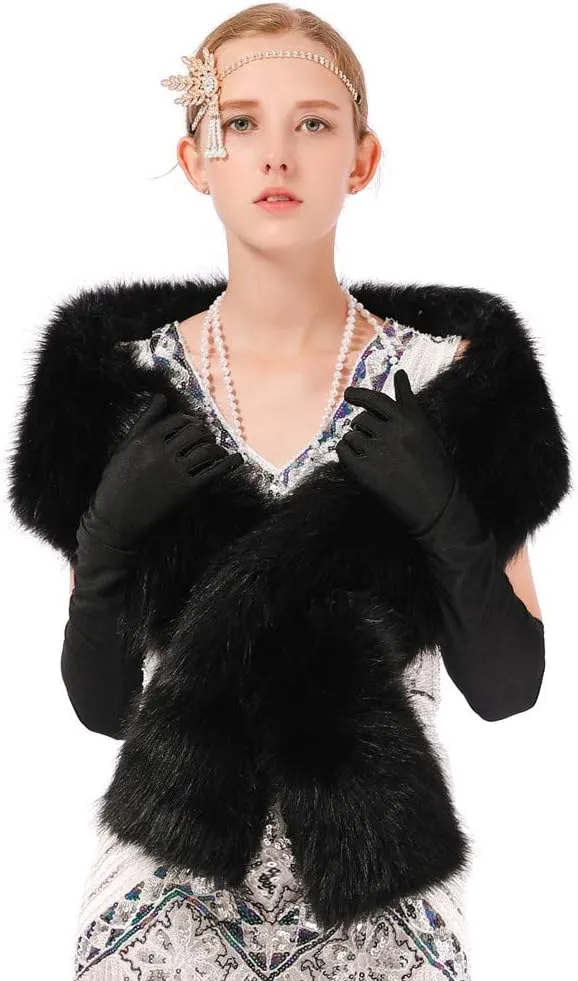 Womens Winter Long Faux Fur Scarf Collar Shawl Stole 1920s Shawl Collar Dress