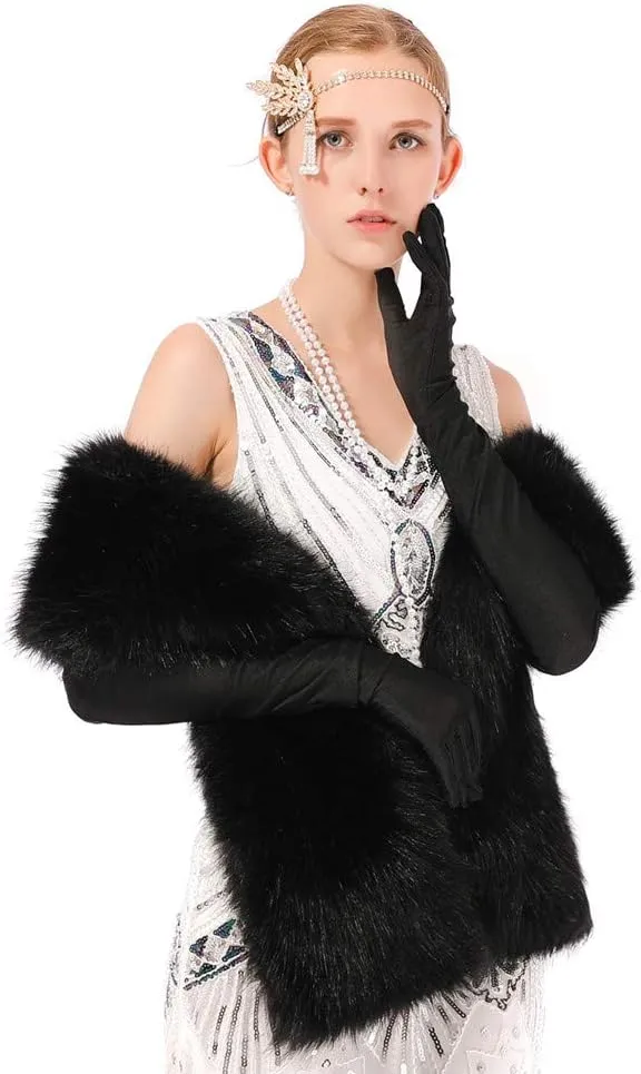 Womens Winter Long Faux Fur Scarf Collar Shawl Stole 1920s Shawl Collar Dress