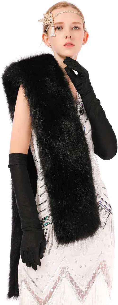 Womens Winter Long Faux Fur Scarf Collar Shawl Stole 1920s Shawl Collar Dress