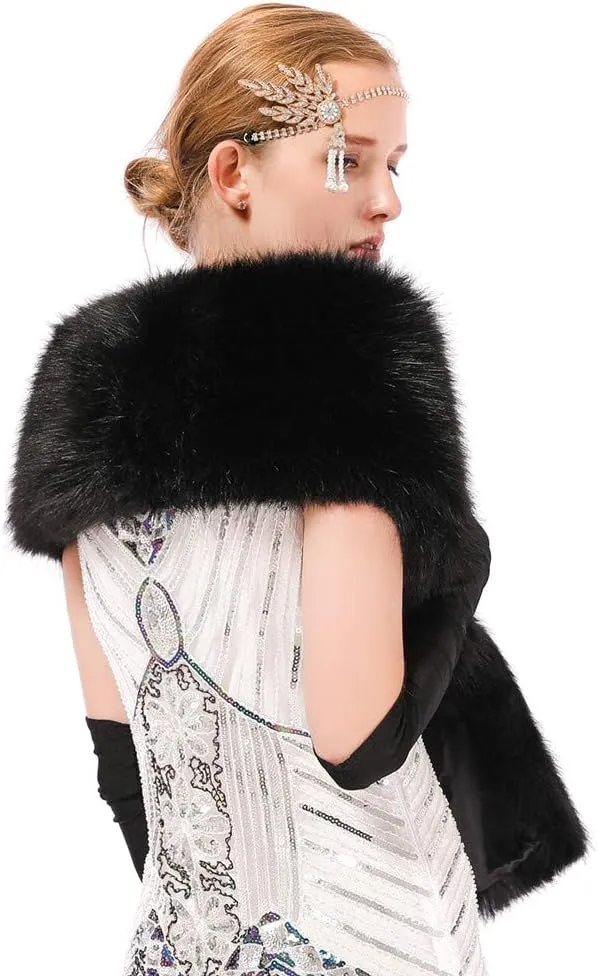 Womens Winter Long Faux Fur Scarf Collar Shawl Stole 1920s Shawl Collar Dress
