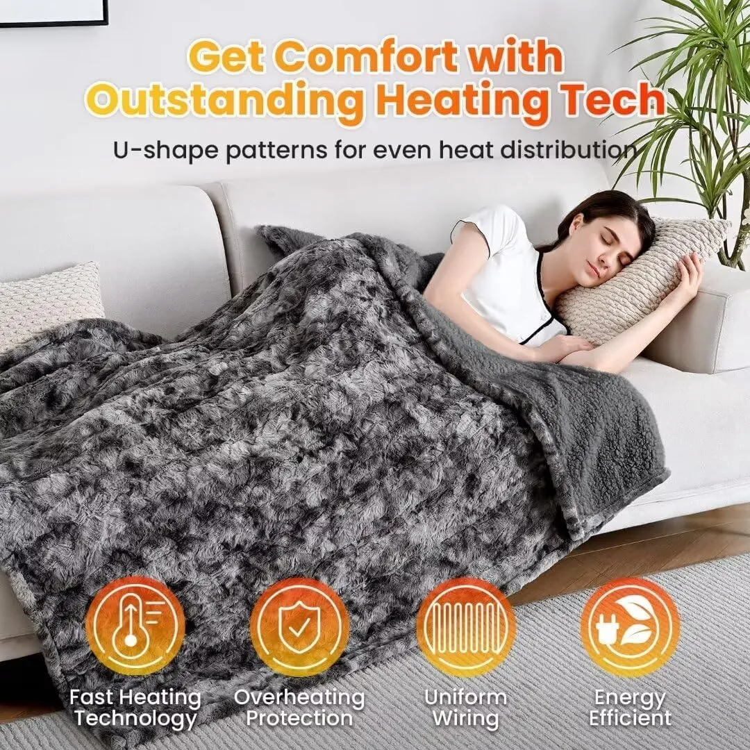 WOOMER Electric Heated Throw Blanket 50"x 60", Reversible Super Cozy Faux Fur&Sherpa, Fast Heating,4 Heating Levels & 4H Auto Off, Machine Washable, Overheat Protection, Gift