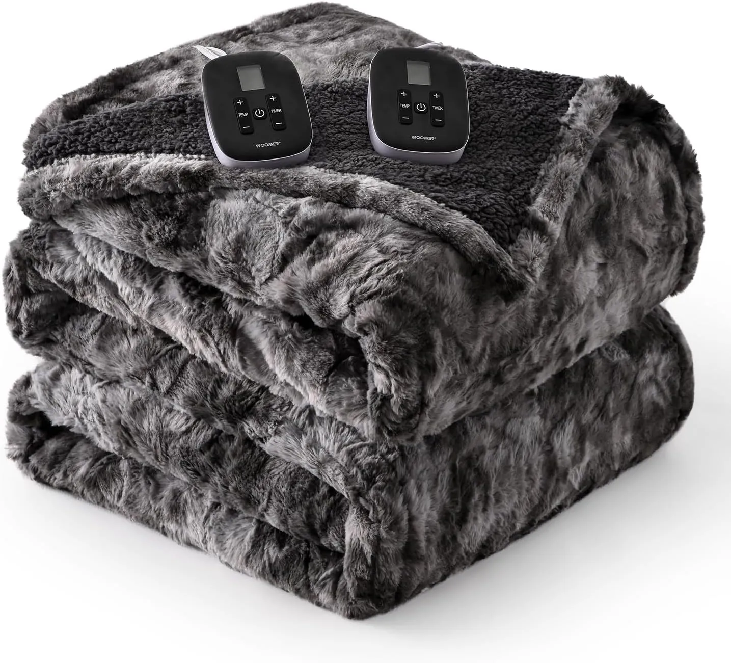 WOOMER Heated Blanket King Size, Dual Control, Electric Blanket 90"x 100", Double-Sided Faux Fur&Sherpa, Overheat Protection, 10 Heating Levels & 12H Auto Off, CPF, Home Office