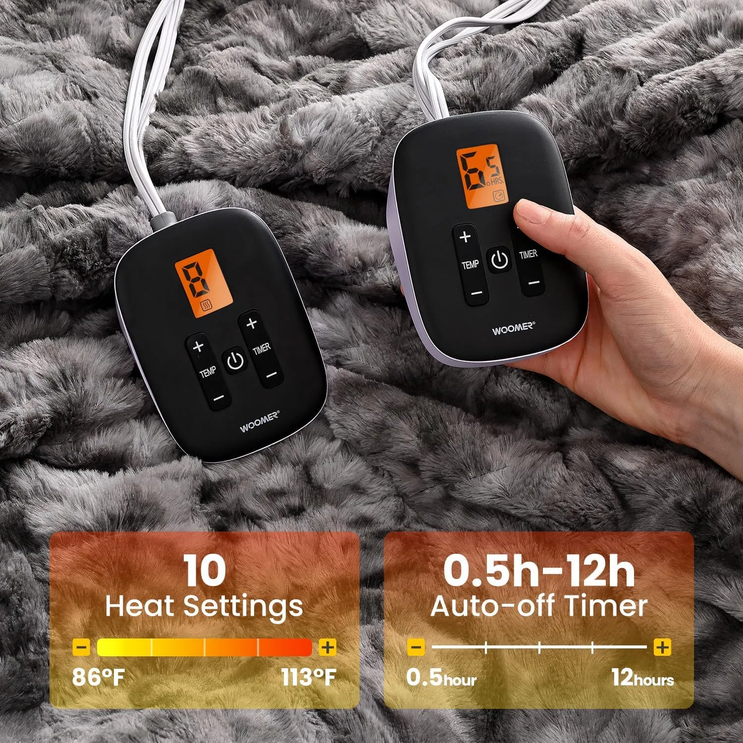 WOOMER Heated Blanket King Size, Dual Control, Electric Blanket 90"x 100", Double-Sided Faux Fur&Sherpa, Overheat Protection, 10 Heating Levels & 12H Auto Off, CPF, Home Office