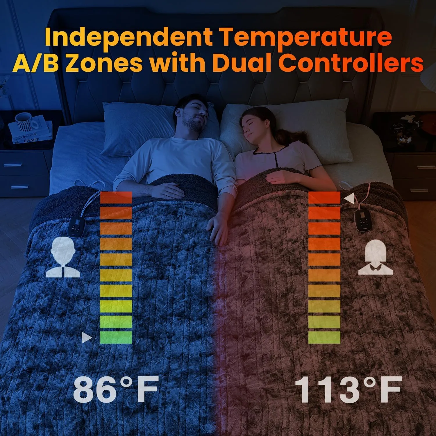 WOOMER Heated Blanket King Size, Dual Control, Electric Blanket 90"x 100", Double-Sided Faux Fur&Sherpa, Overheat Protection, 10 Heating Levels & 12H Auto Off, CPF, Home Office