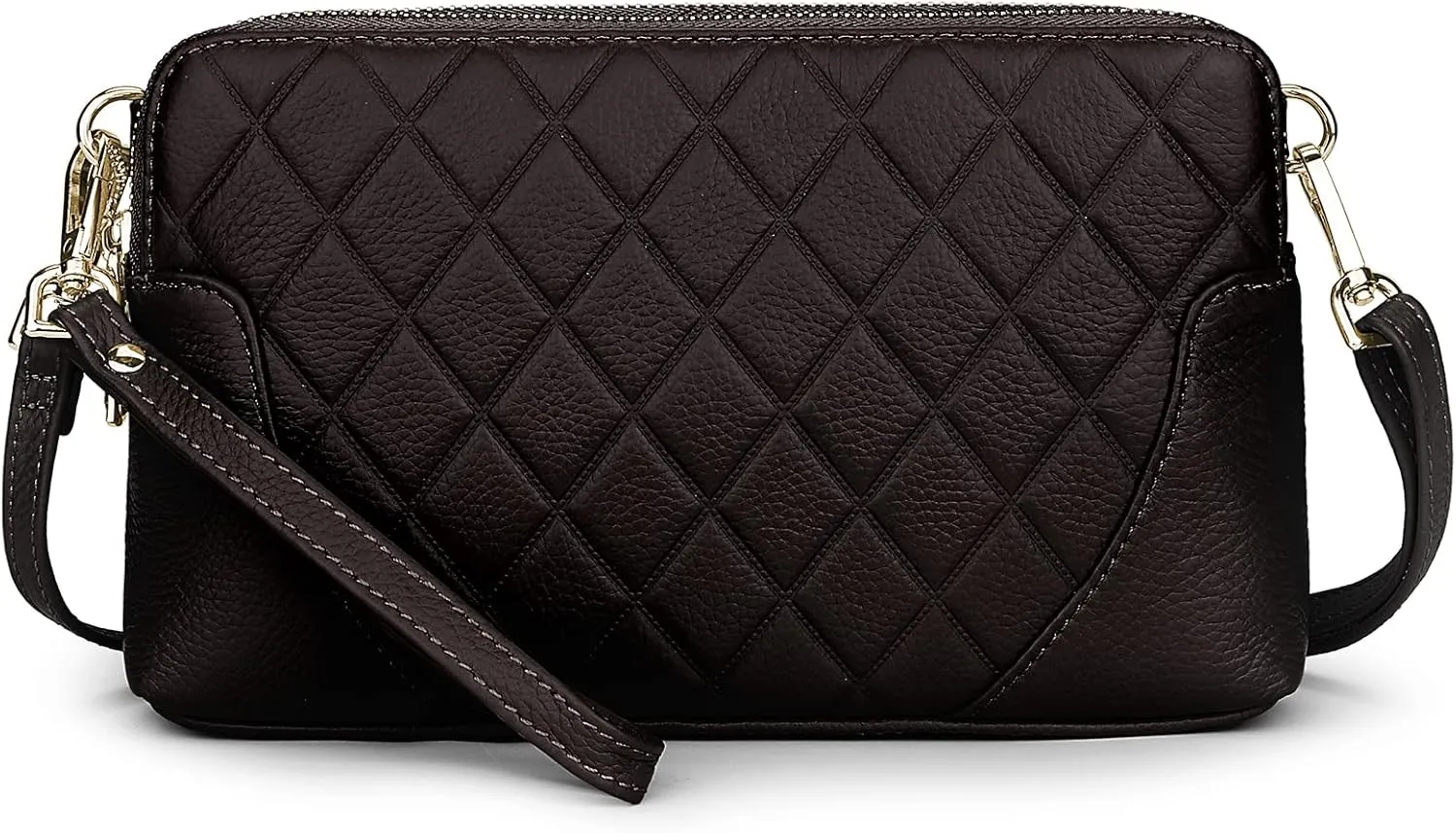 YALUXE Womens Wristlet Real Leather Quilted double zippers Large Clutch Wallet Shoulder Strap