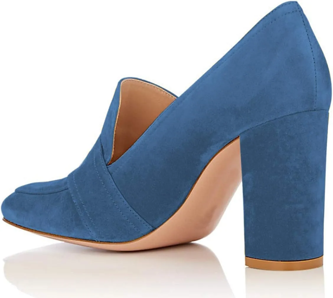 YDN Women Chunky High Heels Square Toe Loafers Shoes Slip On Suede Office Pumps Buckle Size 4-15 US