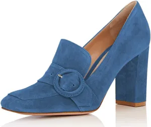 YDN Women Chunky High Heels Square Toe Loafers Shoes Slip On Suede Office Pumps Buckle Size 4-15 US