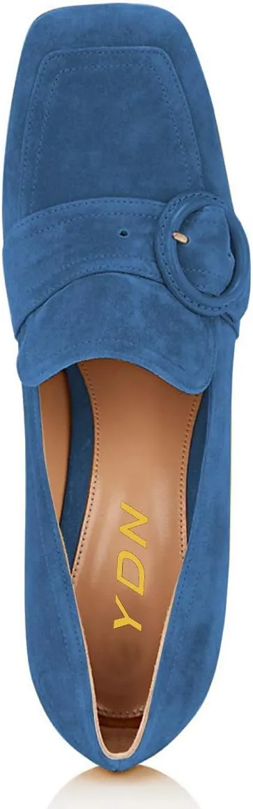 YDN Women Chunky High Heels Square Toe Loafers Shoes Slip On Suede Office Pumps Buckle Size 4-15 US