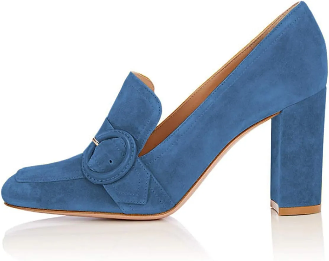 YDN Women Chunky High Heels Square Toe Loafers Shoes Slip On Suede Office Pumps Buckle Size 4-15 US