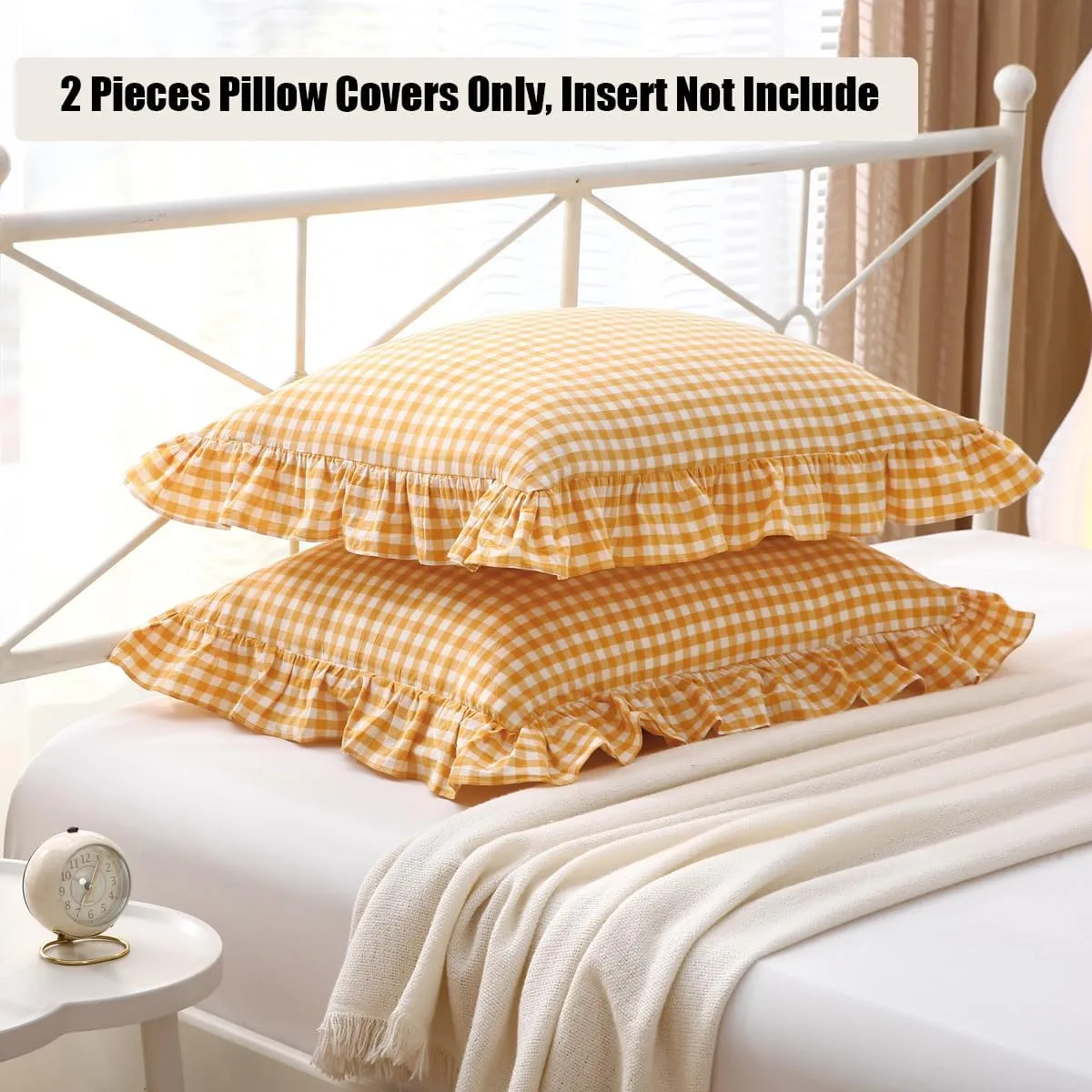 Yellow/White Plaid Ruffle Pillow Shams King Size Set of 2, Checkered Washed Cotton Mustard Gingham Pillow Covers Vintage Pillowcases 20"x36"