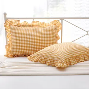 Yellow/White Plaid Ruffle Pillow Shams King Size Set of 2, Checkered Washed Cotton Mustard Gingham Pillow Covers Vintage Pillowcases 20"x36"