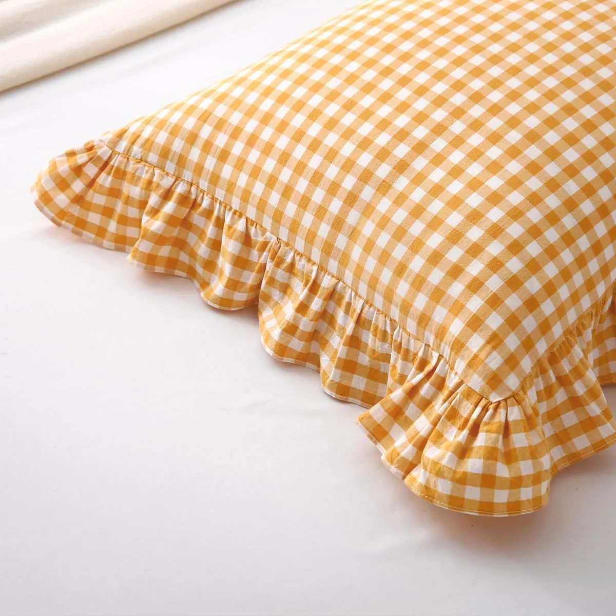 Yellow/White Plaid Ruffle Pillow Shams King Size Set of 2, Checkered Washed Cotton Mustard Gingham Pillow Covers Vintage Pillowcases 20"x36"